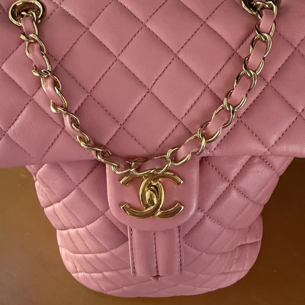 CHANEL Pink Quilted Leather Backpack with Gold Hardware